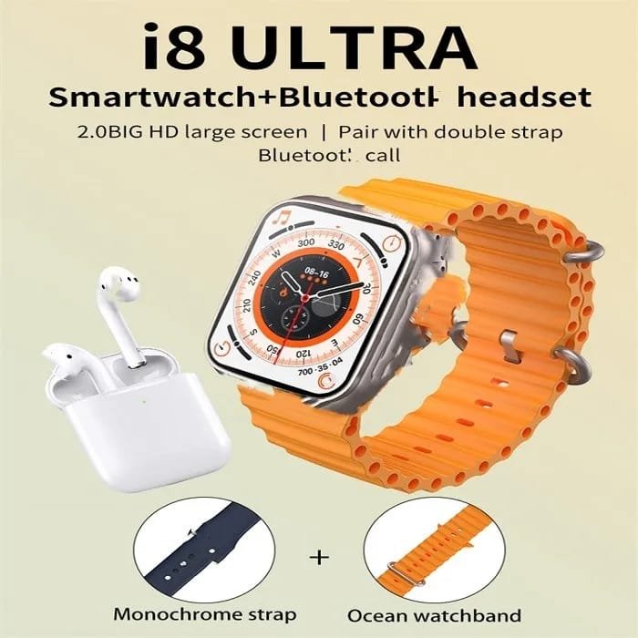 i8 Ultra Smartwatch + Wireless Earbuds Combo | 2.0" Infinite Display | Health Tracking | Bluetooth Calls | AirPods Style Earbuds | 2 Straps Included